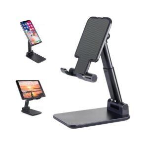 Tabletop Smartphone Stand, Mobile Stand, Altitude Adjustable, Tablet Stand, Foldable, Anti-Slip, Compact, Lightweight, For iPhone, iPad, Nintendo Switch, Samsung, Sony, Nexus, Kindle, Android (Black)