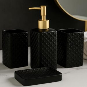 The Better Home 4pcs Ceramic Bathroom Set | Soap Dispenser for Bathroom(350ML), Toothbrush Holders & Soap Holder for Bathroom | Bathroom Accessories | Handwash Dispenser | Soap Case | Black
