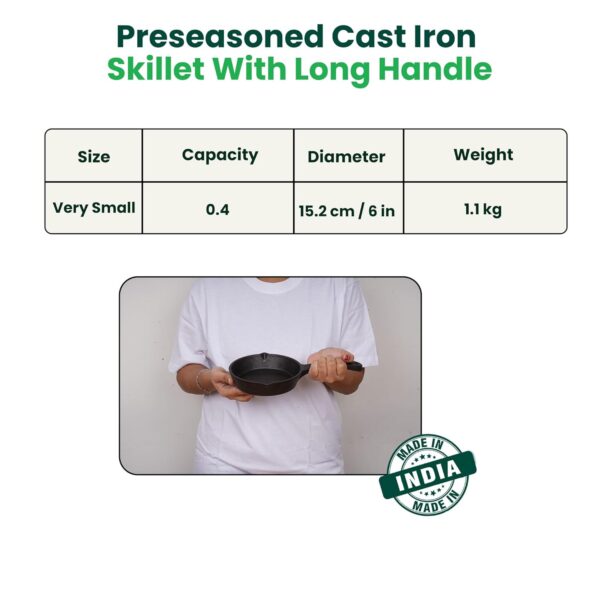 The Indus Valley Cast Iron Mini Tadka Fry Pan 15.2cm (6 inch) | Pre-Seasoned Small Omelette Pan/Skillet | 0.42L, 1.1kg | Induction Friendly | 100% Pure Iron, No Chemical Coating