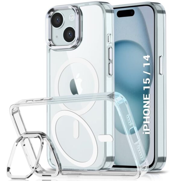TheGiftKart Hybrid Back Cover Case for iPhone 15 / iPhone 14 Compatible with MagSafe | Built-in Stand | Shockproof Hard Case Cover for iPhone 15 / iPhone 14 (PC & TPU, Clear Back, Transparent Sides)