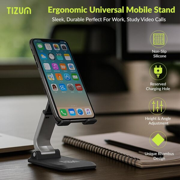 Tizum Universal Tablet/Mobile Stand Phone Holder for iPhone, iPad, Kindle & All Smartphones | Adjustable Angles, Telescopic Arm, Anti-Slip & Scratch-Proof Rubber Pads| Durable ABS Body (Black)