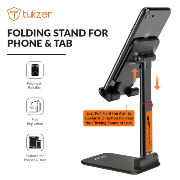 Tukzer Tabletop Fully Foldable Desktop Tablet Mobile Stand Holder with Angle & Height Adjustable for Desk, Cradle, Dock, Compatible with Smartphones & Tablets (Black)