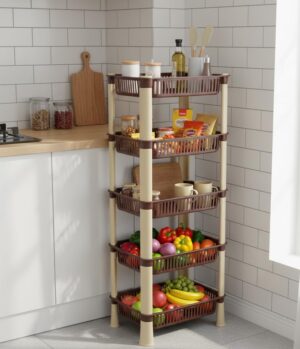 U-Max Multi Tire Kitchen Storage Rack, Plastic Utility Shelf Organiser, Space Saving Storage Solution, Revolving Vegetable Rack (Brown-Regular, 5)