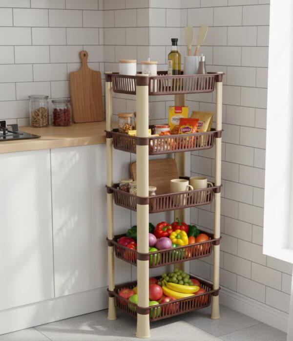 U-Max Multi Tire Kitchen Storage Rack, Plastic Utility Shelf Organiser, Space Saving Storage Solution, Revolving Vegetable Rack (Brown-Regular, 5)