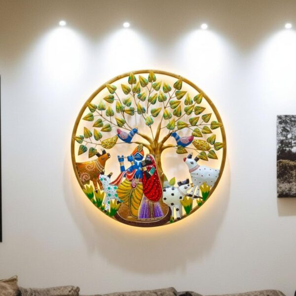 UNKAR EXPORTS INDIA LED Backlit Radha Krishna Metal Wall Art - Tree of Life Wall Decor with Lights - Indian Home Decor for Living Room Bedroom Pooja Room - Premium Gift (24X24 INCHES)