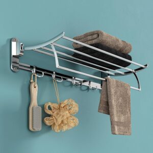 USF 24 Inch Stainless Steel Towel Rack | Foldable Wall Mounted Towel Holder with Hook | Chrome Finish | Rust Resistant Design | Strong Load Bearing | Bathroom Accessories | 25 Years Warranty