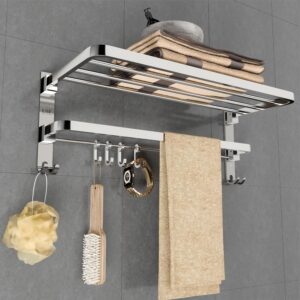 USF Bath Accessories 24 Inch 304 Grade Stainless Steel Dual Folding Towel Rack/Bathroom Towel Hanger/Foldable Towel Bar for Bathroom Heavy-Duty & Space Saving - Chrome Finish (Pack of 1)