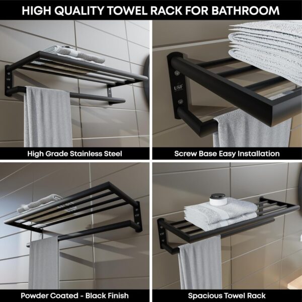 USF Bath Accessories Towel Rack 24 Inch,304 Stainless Steel Bathroom Towel Hanger Wall Mounted,Towel Rack Stand for Bathroom,Cloth Hanger for Washbasin,Bathroom Accessories(Black Finish)