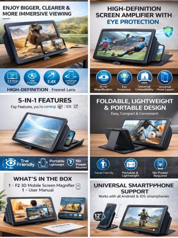 VAMIKO Mobile Phone Screen Magnifier 3D HD | Foldable Smartphone Screen Enlarger with Stand | Anti-Glare Magnifying Glass | Universal for Android & iPhone | Video, Movie & Gaming Viewer