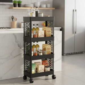VIPEK 4 Tiers Storage Trolley with Wheels, Freestanding Multi Layer VIPEK 4 Tiers Storage Trolley with Wheels, Freestanding Multi Layer Rolling Storage Rack for Kitchen Bathroom Bedroom, Slim Organizer Cart for Cloth Storage Rack, Utility Home, Black