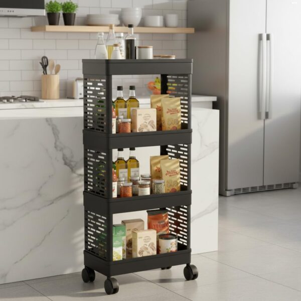 VIPEK 4 Tiers Storage Trolley with Wheels, Freestanding Multi Layer Rolling Storage Rack for Kitchen Bathroom Bedroom, Slim Organizer Cart for Cloth Storage Rack, Utility Home, Black