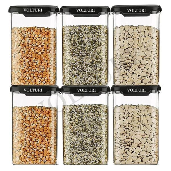 VOLTURI Air Tight Kitchen Containers Set of 6, Kitchen Storage Box for Pulses, Cereals, Grains, Dry Fruits, Pantry Organization, Kitchen Accessories Items for Home, Food Grade (1200 ML, Transparent)