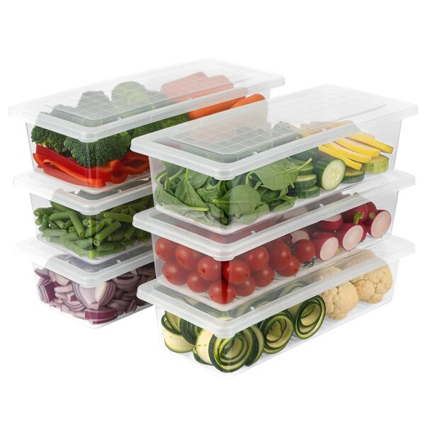VOLTURI Fridge Storage Containers (Pack of 6), Fridge Organiser Storage Boxes with Removable Drain Plate, Lids, Stackable Organizer, Fridge Storage Box Keep Fruits, Vegetables Fresher, 1500 ML
