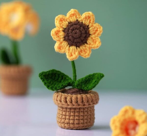 VRB Dec Plastic TM 1 Pcs Crochet Flowers Artificial Sunflower for Office Desk Car Dashboard Decor,Home Decoration, Office, Bedroom, Christmas Decor, Wedding (Sunflower with Crochet Pot)