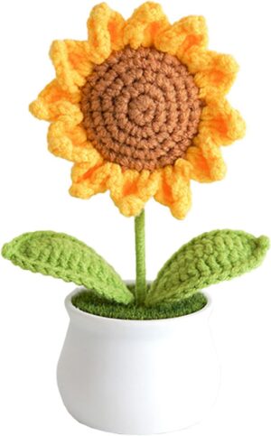 VRB DecTM 1 Pcs Crochet Flowers Artificial Sunflower for Office Desk Car Dashboard Decor,Home Decoration, Office, Bedroom, Christmas Decor, Wedding (Sunflower Pot)