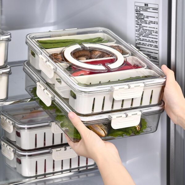 Vasukie Divided Fridge Storage Boxes With 4 Serving Veggie Tray with Lid and Handle, Fridge Organizer with Removable 4 Compartment, Fridge Storage Containers (4 Compartment-1PC)