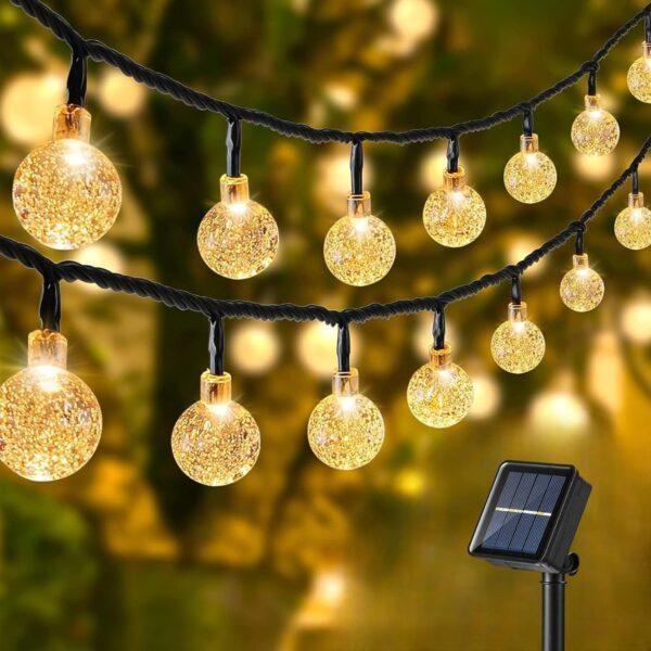 VazzLox Solar Crystal Lights Bulbs Outdoor 50 LED 23FT Crystal VazzLox Solar Crystal Lights Bulbs Outdoor 50 LED 23FT Crystal Globe Lights with 8 Lighting Modes, Waterproof Solar Powered for Patio Garden Yard Porch Diwali Party Décor (Yellow)