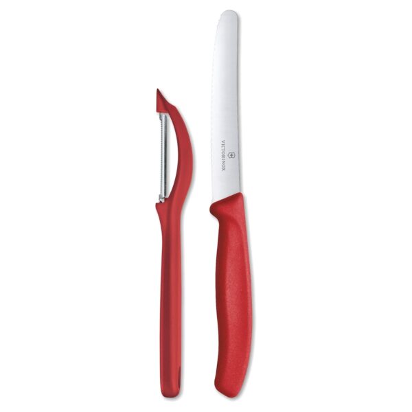 Victorinox Kitchen Knife, Set of 2, Sharp Wavy Edge Multipurpose Knife and Stainless Steel Universal Peeler, Red
