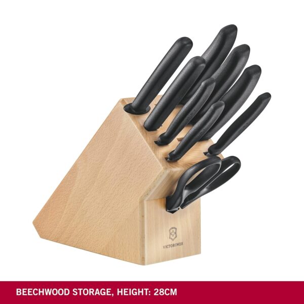 Victorinox “Swiss Classic” Set of 9 Kitchen Black Tools in a Beige Wooden Block, for Home and Professional use, Stainless Steel, Swiss Made, Standard