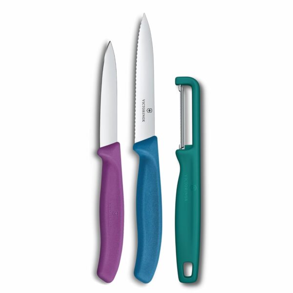 Victorinox Swiss Made Stainless Steel Swiss Classic Paring Knife Kitchen Victorinox Swiss Made Stainless Steel Swiss Classic Paring Knife Kitchen Knife 8,10 cm Straight/Wavy Edge with I-Peeler Set (3 Pcs) Green/Purple/Blue | 6.7116.33C1