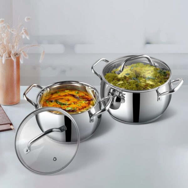 Vinod Almaty Stainless Steel Saucepot with Glass Lid, 2 Litre, 16 cm | 2.6 mm Thick SAS Base | Ideal for Soups, Curries, Pasta & Sauces | Riveted Handle | Induction & Gas Compatible | 2 Yr Warranty