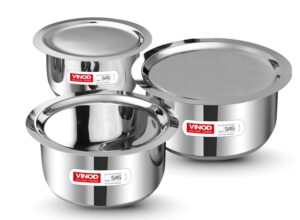 Vinod Stainless Steel Tope Set with Lid - 3 Pcs | 1, 1.4, & 1.8 litres | Patila Cookware Set Combo, Even Heat, Heavy Sandwich Bottom, Induction Compatible for Boiling and Cooking - 2 Year Warranty