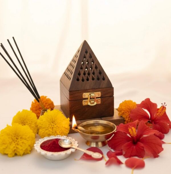 WOOD ART STORE Wooden Pyramid Shape Incense Box Hoder Stand | Wooden Agarbatti Stand with ash Catcher for Home Office | Incense Sticks Holder (Medium)