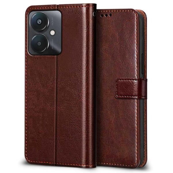 WOW IMAGINE Shock Proof Flip Cover Back Case Cover for Xiaomi Mi Redmi 13C 5G | Redmi 13C 4G | Poco M6 5G | Poco C65 (Flexible | Leather Finish | Card Pockets Wallet & Stand | Chestnut Brown)