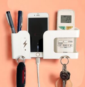 Wall Mobile Holder | Multi-Purpose Mobile Stand | Remote Holder Wall Mobile Holder | Multi-Purpose Mobile Stand | Remote Holder & Mobile Charging Stand, Phone Stand for Charging with Pen and Key Holder Useful Gadget-White