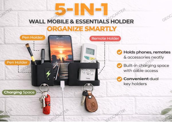 Wall Mobile Holder | Multi-Purpose Mobile Stand | Remote Holder & Mobile Charging Stand, Phone Stand for Charging with Pen and Key Holder Useful Gadget-White | Useful Gadget-Black