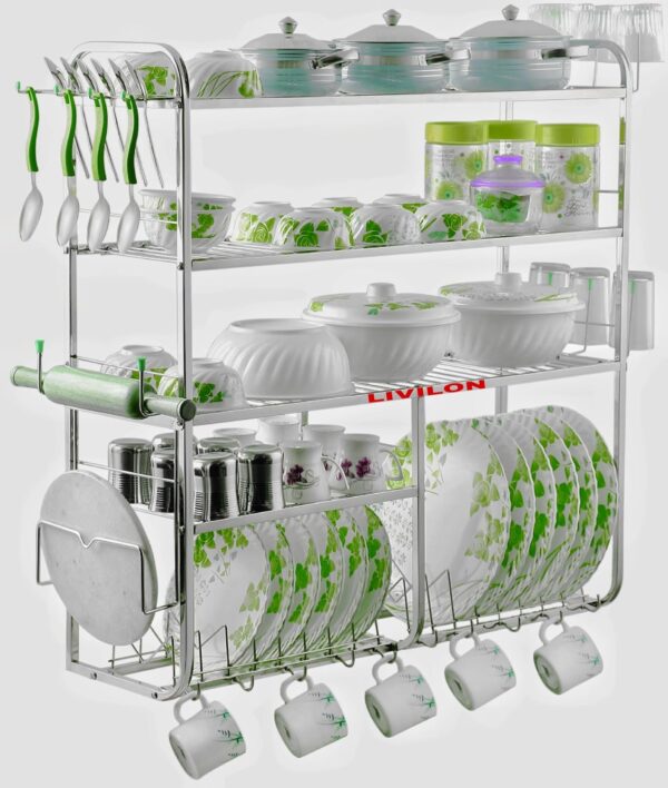 Wall Mount Kitchen Utensils Dish Rack Stainless Steel Utensil Rack/Stand Dish Stand/Holder Utensils Rack with Plate, Bowl & Cutlery (31x30x10 Inches)(LVNLVNLVN EE)