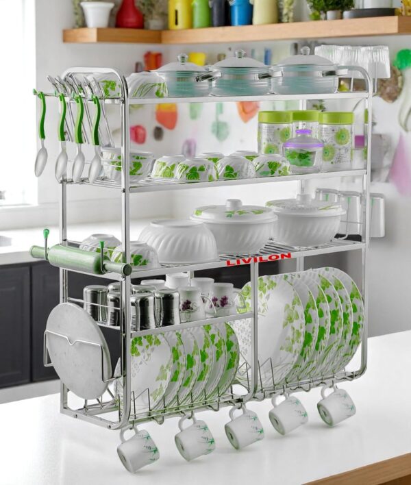 Wall Mount Kitchen Utensils Dish Rack Stainless Steel Utensil Rack/Stand Dish Stand/Holder Utensils Rack with Plate, Bowl & Cutlery (31x30x10 Inches)(LVNLVNLVN EE)