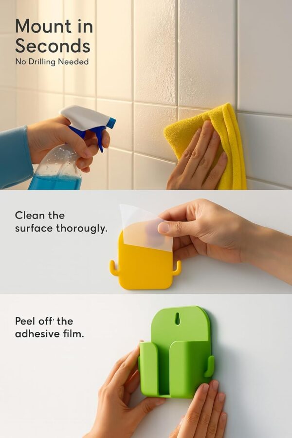 Wall Mount Mobile Phone Holder with Charging Slot & Side Hooks | Self Adhesive Phone Charging Stand & Storage Organizer for Bedroom, Kitchen, Bathroom, Office| Pack of 4