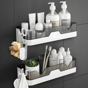 Wall Mounted Bathroom Shelf Organizer | 2 Tier Plastic Bathroom Rack with 4 Hooks | No Drill Adhesive Bathroom Accessories for Shampoo, Soap & Toiletries