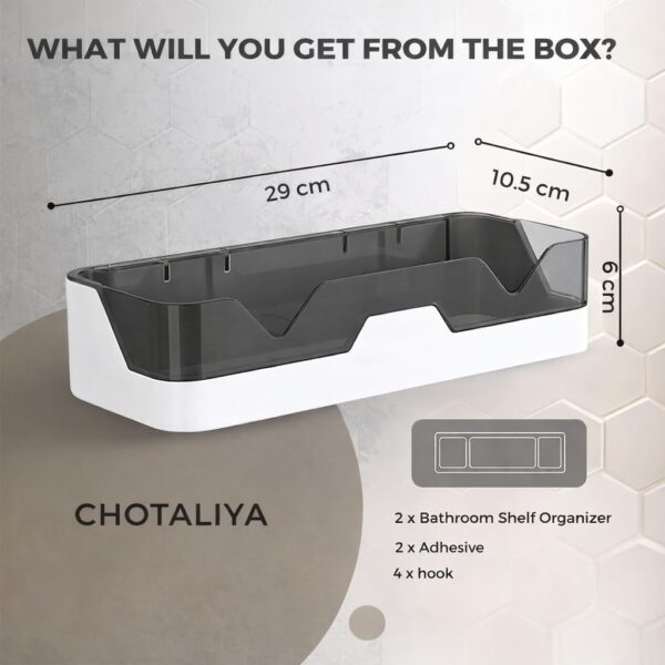 Wall Mounted Bathroom Shelf Organizer | 2 Tier Plastic Bathroom Rack with 4 Hooks | No Drill Adhesive Bathroom Accessories for Shampoo, Soap & Toiletries