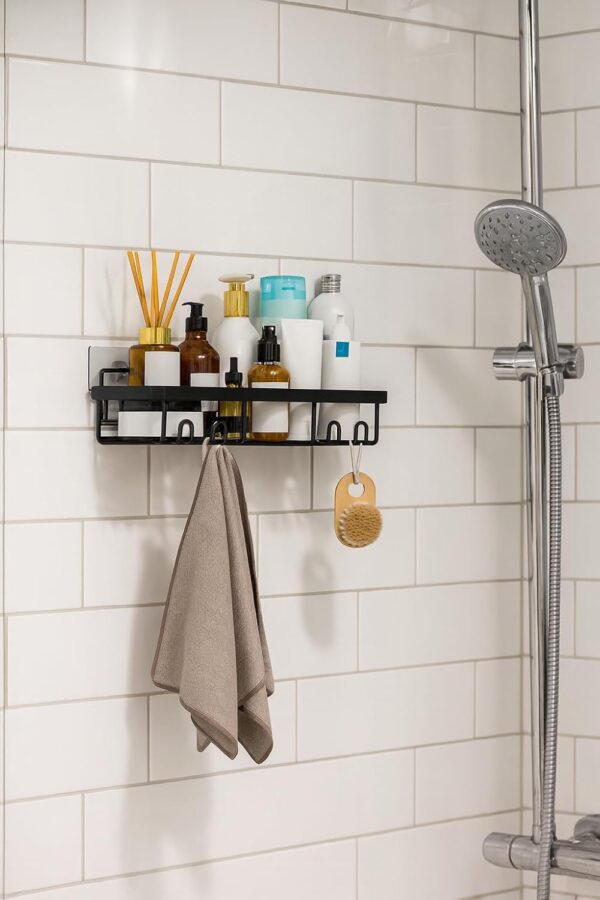 Wall Mounted Bathroom Shelf with Hooks – Rustproof Black Shower Wall Mounted Bathroom Shelf with Hooks – Rustproof Black Shower Caddy Organizer for Shampoo, Soap, Lotion, Toothbrush & Accessories – Heavy Duty Adhesive Storage Rack for Kitchen & Bathroom