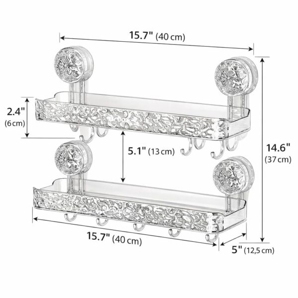 Wall Mounted Bathroom Storage Rack with Suction Cups – Double Shelf with Hooks – Transparent & Patterned Front Design (1)