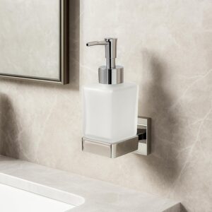 Wall Mounted Liquid Soap Dispenser, SS304 Stainless Steel Bathroom Soap Holder with Frosted Glass Bottle, Chrome Finish Modern Bathroom Accessory