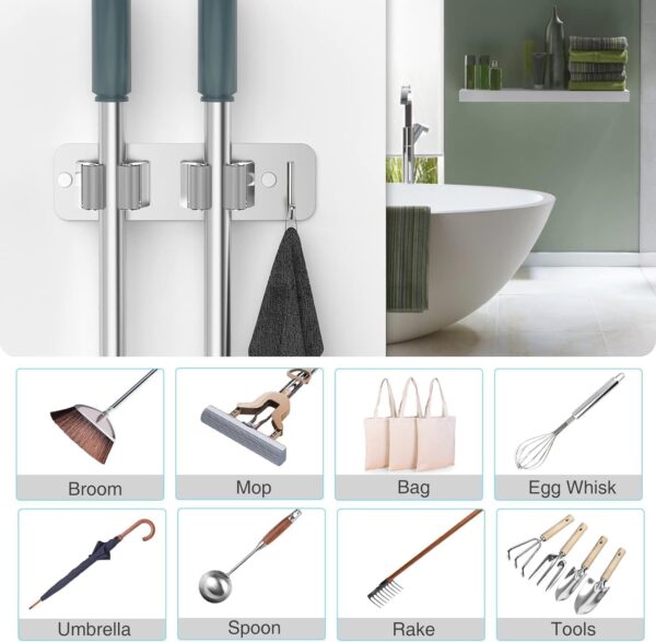 Wall Mounted Mop & Broom Holder with Hooks | Stainless Steel Organizer Rack for Cleaning Tools, Mops, Brooms, Brushes & Accessories | Space Saving Storage for Bathroom, Kitchen [2 piece]