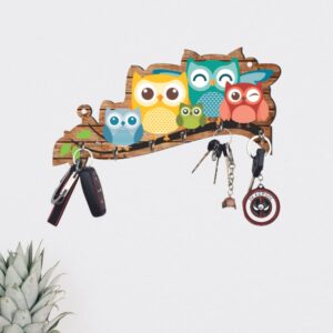 Webelkart Premium 'Owl Family' Decorative Wooden Printed Key Holder for Home Decor Key Hangers Keychain Holder & Key Holder for Wall (25 cm, 6 Hooks)