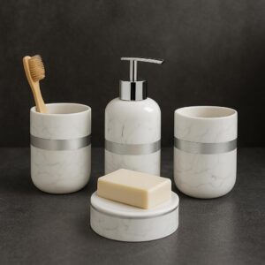 Whizzo Luxury Ceramic Bathroom Accessories Set – 4 Pcs | White Marble Finish with Silver Lining | Soap Dispenser, Toothbrush Holder, Tumbler & Soap Dish | Bathroom Decor (BS-836, White & Silver)