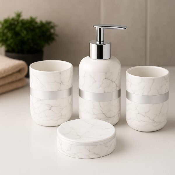 Whizzo-Luxury-Ceramic-Bathroom-Accessories-Set-–-4-Pcs-White-Marble-Finish-with-Silver-Lining-Soap-Dispenser-Toothbrush-Holder-Tumbler-Soap-Dish-Bathroom-Decor-BS-836-White-Silver.jpg Whizzo Luxury Ceramic Bathroom Accessories Set – 4 Pcs | White Marble Finish with Silver Lining | Soap Dispenser, Toothbrush Holder, Tumbler & Soap Dish | Bathroom Decor (BS-836, White & Silver)