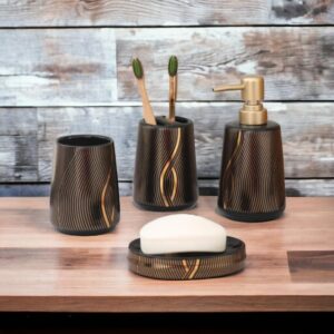 Whizzo® Ceramic Bathroom Accessories Set Ceramic - 4 Pieces Bathroom Accessories Set Soap Dispenser, Toothbrush Holder, Tumbler, Soap Dish, The Best Gifting Choice (Black, WZ-BS-803-Black)