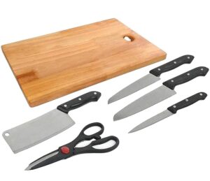 Wooden Chopping Board with Knife Set and Scissor, 6 Piece Stainless Steel Kitchen Knife Knives Set with Knife Scissor, Knife Sets