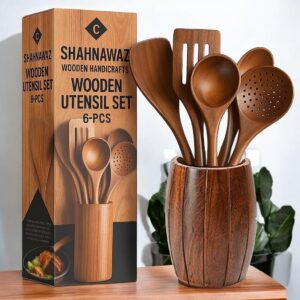 Wooden Kitchen Utensil Set, 6-Piece with Cutley Holder Handcrafted Cooking Tools with Barrel Holder with Fine Finish Spoons Set Kitchen Cooking Spoon Set