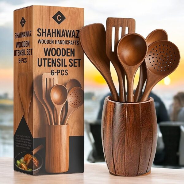 Wooden-Kitchen-Utensil-Set-6-Piece-with-Cutley-Holder-Handcrafted-Cooking-Tools-with-Barrel-Holder-with-Fine-Finish-Spoons-Set-Kitchen-Cooking-Spoon-Set.jpg Wooden Kitchen Utensil Set, 6-Piece with Cutley Holder Handcrafted Cooking Tools with Barrel Holder with Fine Finish Spoons Set Kitchen Cooking Spoon Set