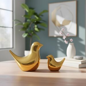 Xtore Ceramic Golden Blessing Birds Figurine for Home Decor | Living Room, Bedroom, Office Desk, Cabinets - (Pack of 2, Golden)