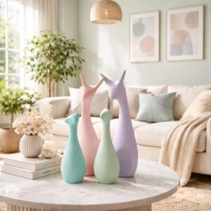 Xtore® Ceramic Home Decor Lucky 4 Deer Family Figurine with Supreme Matte Finish | Pastel Color | for Home/Office/Living Room/Kitchen/Gifting - (Set of 4, Multicolor)