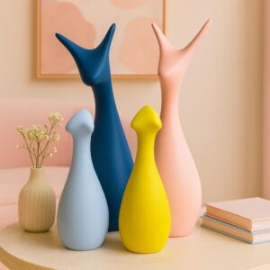 Xtore® Home Decor Lucky 4 Deer Family Ceramic Figurine with Supreme Matte Finish | Pastel Color | for Home/Office/Living Room/Kitchen/Gifting - (Set of 4, Multicolor)