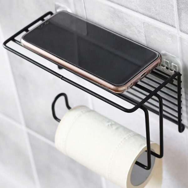 Zollyss 1 Pc Adhesive Toilet Paper Holder with Shelf Tissue Paper Roll Towel Holder Storage Rack - (Standard Size, Black)